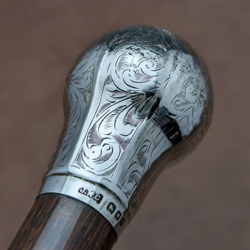 1921年 英国アンティーク 紳士用ステッキ 杖 純銀製 丸ハンドル 92cm